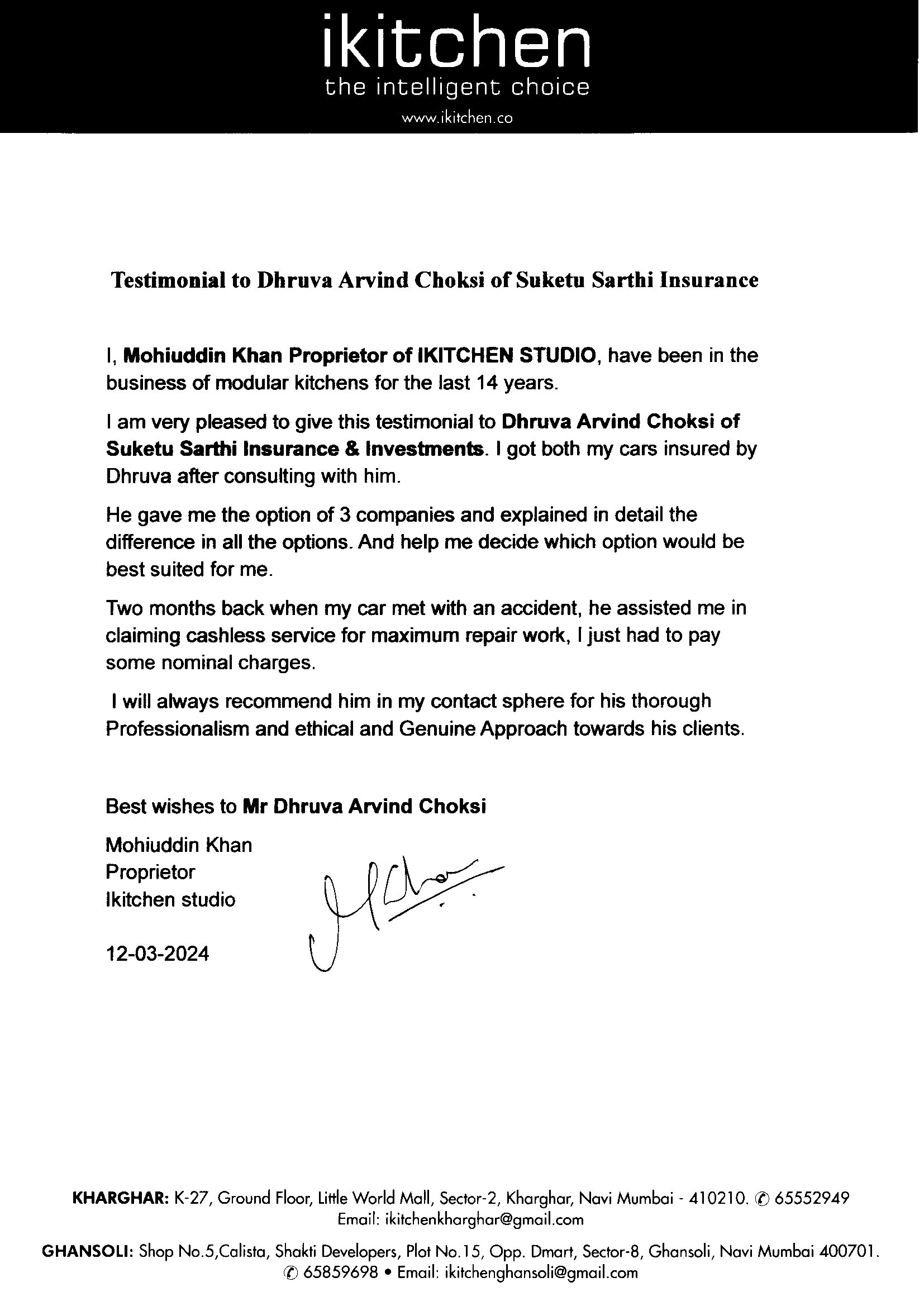 Testimonial letter from Mohiuddin Khan, iKitchen Studio